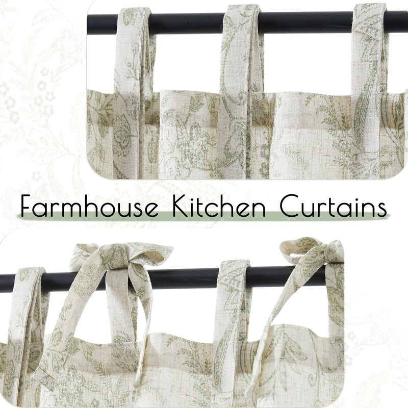 jinchan Linen Kitchen Curtains Floral Printed Tier Curtains 24 Inch Length Farmhouse Cafe Drapes for Small Windows Tie Top Botanic for Country Laundry Room Bathroom RV 2 Panels Sage Green on Beige - Image 4